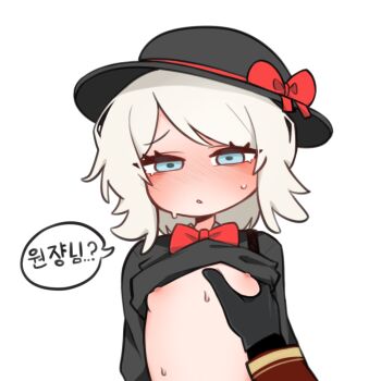 1girl 1other aged_down black_gloves blue_eyes blush bow bowtie clothes_lift dante_(limbus_company) ehdgur9 faust_(project_moon) gloves grabbing_another's_breast groping hat kindergarten_uniform korean_text limbus_company limbus_kindergarten_uniform loli looking_at_viewer nipples official_alternate_costume project_moon red_bow school_hat shirt_lift traditional_bowtie translation_request white_hair