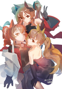 Rule 34 | 3girls, :/, absurdres, angelina (ambience synesthesia 2021) (arknights), angelina (arknights), animal ears, arknights, backless dress, backless outfit, bare shoulders, black dress, black gloves, black shirt, bright pupils, brown eyes, brown hair, clone, coat, commentary, dated, dress, elbow gloves, english commentary, expressionless, extra ears, fox ears, fox girl, gilberta (arknights), gloves, headpiece, highres, jacket, long hair, long sidelocks, long sleeves, looking at viewer, midriff peek, mkrk mikaerukung, multiple girls, navel, no hairband, off shoulder, official alternate costume, one eye closed, open clothes, open coat, open jacket, red coat, red jacket, shaft look, shirt, sidelocks, simple background, strapless, strapless dress, twintails, twitter username, very long hair, w, white background, white coat, white pupils, wide sleeves