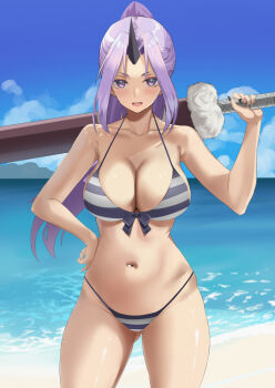 1girl alternate_nail_color bare_shoulders beach bikini black_horns black_nails blue_sky breasts cleavage cloud collarbone commentary cowboy_shot day gluteal_fold groin hand_on_own_hip hand_up high_ponytail holding holding_sword holding_weapon horizon horn horns kesoshirou large_breasts legs_apart long_hair looking_at_viewer nail_polish navel ocean oni oni_girl oni_horn oni_horns open_mouth outdoors parted_bangs ponytail purple_eyes purple_hair sand shiny_skin shion_(tensura) single_horn sky solo standing stomach striped_bikini striped_clothes swimsuit sword teeth tensei_shitara_slime_datta_ken thighs upper_teeth_only v-shaped_eyebrows water weapon
