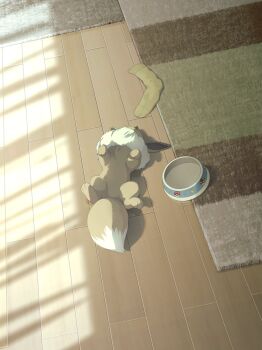 absurdres animal_focus bowl brown_fur carpet eevee eevee_ears eevee_tail floor full_body gen_1_pokemon highres indoors lying nilililn25 nintendo no_humans official_art on_back on_floor pet_bowl pokemon pokemon_(creature) pokemon_focus pokemon_sleep pokemon_tail rug socks tail wooden_floor