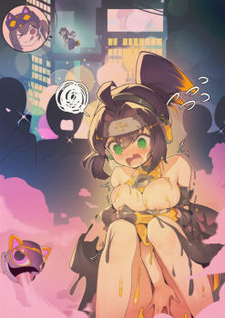 2girls absurdres ahoge black_hair blonde_hair blush breasts commission covering_breasts covering_privates dissolving_clothes duel_monster forehead_protector gloves green_eyes highres i:p_masquerena large_breasts multicolored_hair multiple_girls one_eye_closed pixiv_commission ponytail ro_g_(oowack) s-force_rappa_chiyomaru tongue tongue_out yu-gi-oh!