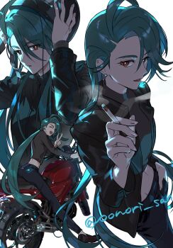 1girl black_jacket black_pants black_shirt brown_shoes cigarette clothing_cutout commentary_request earrings green_hair grey_jacket hand_in_pocket helmet highres holding holding_cigarette jacket jewelry long_hair looking_at_viewer midriff motor_vehicle motorcycle motorcycle_helmet navel_cutout nintendo nori_(oonori_san) official_alternate_costume official_alternate_hairstyle on_motorcycle one_eye_closed open_mouth pants parted_lips pokemon pokemon_masters_ex red_eyes removing_helmet rika_(palentine's_2026)_(pokemon) rika_(pokemon) shiny_clothes shirt shoes signature simple_background smile smoking solo stomach_cutout twitter_username very_long_hair white_background