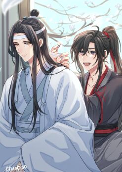 2boys :d ahoge aslle bishounen black_hair black_hanfu blue_sash branch chinese_clothes closed_mouth commentary_request couple dated day falling_petals flower hair_between_eyes hair_ribbon hanfu headband high_ponytail highres holding holding_petal holding_ribbon indoors lan_wangji long_hair long_sleeves looking_at_another looking_at_viewer male_focus modao_zushi multiple_boys open_mouth petals ponytail purple_eyes red_ribbon red_sash ribbon robe sash sidelocks sitting smile topknot twitter_username wei_wuxian white_flower white_hanfu white_headband white_petals wide_sleeves window xiao_guan_(headdress) yaoi yellow_eyes