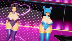 2girls 3d animal_ears animal_nose animated arms_up ass ass_shake audible_music black_hair blue_hair blue_legwear breasts breasts_out crash_bandicoot_(series) dancer dancing double_bun eyeshadow furry furry_female hair_bun hands_on_own_hips high_heels huge_breasts indoors liz_bandicoot looking_at_viewer makeup megumi_(crash_bandicoot) momo_kanae multiple_girls nipples nude playboy_bunny purple_legwear sound stage tail thick_thighs thighhighs thighs video