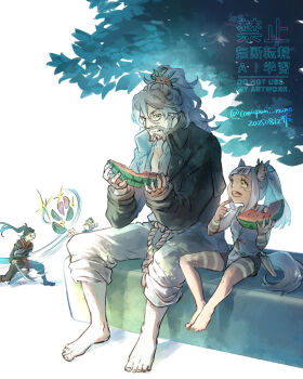 2boys 2girls artist_name barefoot beard castti_florenz commentary_request conupuni_nuno dated facial_hair food fruit glasses green_eyes high_ponytail hikari_ku holding holding_food holding_fruit holding_sword holding_weapon looking_at_another mature_male multiple_boys multiple_girls ochette_(octopath_traveler) octopath_traveler octopath_traveler_ii open_mouth osvald_v._vanstein ponytail sitting slicing smile sparkle sword twitter_username watermark watermelon watermelon_slice weapon
