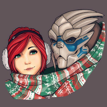 alien christmas commander_shepard commander_shepard_(female) couple earmuffs garrus_vakarian highres mass_effect_(series) scarf tumblr turian zellemojo