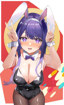 1girl absurdres alternate_costume animal_ears armpits awkward black_pantyhose blunt_bangs blush bow bowtie breasts cleavage collarbone commentary detached_collar embarrassed fake_animal_ears formal_clothes genshin_impact hands_up hanging_breasts head_tilt highres huge_breasts leaning_forward leaning_to_the_side long_hair looking_at_viewer nervous_smile nervous_sweating no_mole nohohon_neko nose_blush open_mouth pantyhose playboy_bunny purple_eyes purple_hair rabbit_ears raiden_shogun smile solo standing suit sweat upper_body v wrist_cuffs