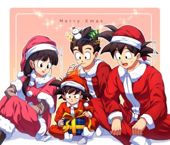1girl 3boys :d alternate_costume black_eyes black_hair box chi-chi_(dragon_ball) closed_mouth commentary_request cup dragon_ball dragonball_z dress drinking drinking_straw earrings eyelashes family gift gift_box hat highres holding holding_cup jewelry long_sleeves lotto6100 merry_christmas multiple_boys open_mouth pants pink_dress pink_hat red_pants red_shirt santa_hat shirt smile snowman_hair_ornament socks son_gohan son_goku son_goten spiked_hair stud_earrings sweatdrop translation_request white_socks