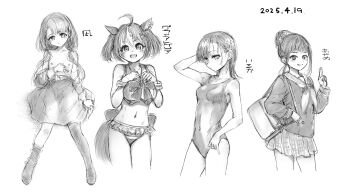 Rule 34 | 4girls, :d, ahoge, animal ears, back bow, bag, bow, breasts, character name, clothes pull, commentary request, covered navel, cowboy shot, dated, gran alegria (umamusume), greyscale, hair ornament, hairclip, hamaguchi ayame, hamao, hand on own chest, hand on own head, hand on own hip, hands on own chest, highres, hisakawa nagi, horse ears, horse tail, idolmaster, idolmaster cinderella girls, kuji-in, long sleeves, medalist (manga), medium breasts, medium hair, monochrome, multiple girls, navel, neckerchief, nipples, okazaki iruka, one-piece swimsuit, open mouth, parted lips, plaid clothes, plaid skirt, pleated skirt, school uniform, serafuku, shirt pull, shoulder bag, sidelocks, skirt, small breasts, smile, swimsuit, tail, twintails, umamusume, x hair ornament
