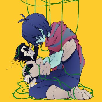 1boy 1other 2525nicc armor black_hair black_shirt blue_bodysuit blue_hair blue_skin bodysuit boots colored_skin deltarune full_body gloves highres kris_(dark_world)_(deltarune) kris_(deltarune) long_nose pants plant pointy_nose reaching reaching_towards_another round_eyewear shirt short_hair size_difference spamton_g._spamton teeth two-tone_cape utdr_(toby_fox) vines white_boots white_gloves white_pants white_skin yellow_background