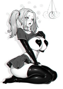 1girl @_@ ass between_legs brassica breasts choker cleavage clothes_lift coin coin_on_string collarbone covered_erect_nipples elbow_gloves gloves greyscale hand_between_legs heart heart_choker heart_pasties highres hypnosis kneeling large_breasts latex latex_gloves latex_thighhighs long_hair mind_control monochrome original pasties shadow shirt_lift skirt solo sparkle spiral thighhighs tongue tongue_out twintails