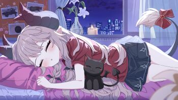 Rule 34 | 1girl, :o, animal, black cat, black skirt, blurry, blurry foreground, blush, bow, braid, brown bow, brown hair, brown shirt, bulletin board, candle, cat, cityscape, closed eyes, cloud, commentary, commission, curtains, demon tail, demon wings, depth of field, english commentary, facing viewer, flower, hair over shoulder, hand up, highres, horns, indoors, long hair, night, on bed, original, parted lips, pillow, pleated skirt, seero, shirt, short sleeves, skirt, sky, sleeping, solo, tail, tail bow, tail ornament, transparent, twin braids, vase, very long hair, white flower, window, wings