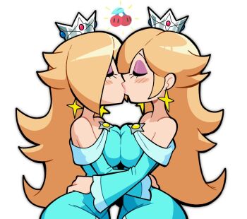 1girl 2girls blonde_hair blush blust breast_press breasts closed_eyes crown double_cherry dress earrings eyeshadow jewelry kiss large_breasts lips long_hair makeup mario_(series) multiple_girls rosalina scott_falco selfcest super_mario_3d_world symmetrical_docking upper_body yuri
