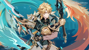 Rule 34 | 1boy, arm armor, armor, black coat, black gloves, black jacket, blonde hair, blue eyes, closed mouth, coat, genshin impact, gloves, highres, holding, holding sword, holding weapon, jacket, long hair, male focus, official art, pants, scar, scar on arm, scar on face, shoulder armor, solo, sword, varka (genshin impact), weapon, white pants