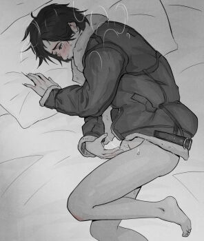 1girl ada_wong ariesbutworse barefoot blush borrowed_clothes commentary english_commentary feet_out_of_frame female_masturbation flustered full_body fur_trim hand_up head_on_pillow heavy_breathing highres jacket masturbation no_pants no_shirt on_bed partially_colored pillow pussy_juice pussy_juice_trail resident_evil resident_evil_4 short_hair