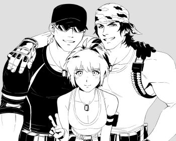 00a3af_231 1girl 2boys ammunition armlet bandana baseball_cap black_hair breasts clark_still cleavage dog_tags fingerless_gloves gloves greyscale hat highres hug ikari_warriors jewelry leona_heidern mature_male monochrome multiple_boys muscular muscular_male ponytail ralf_jones sleeveless smile soldier sunglasses tank_top the_king_of_fighters