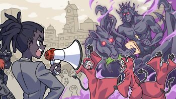 1boy 5girls animal_ears black_gloves black_hair black_tail body_armor bread breasts brown_hair building butter_knife cerberus_(helltaker) cloud commentary cornrows crowd crown dark-skinned_female dark_skin demon demon_girl demon_tail demon_wings dog_ears dog_girl earrings ears_through_hood eating food formal_clothes gloves goggles gun hay helltaker helmet holding holding_food holding_gun holding_knife holding_megaphone holding_weapon hooded_robe horns horse jewelry knife kyo-hei_(kyouhei) megaphone multiple_girls open_mouth outdoors police police_(helltaker) police_swat_(helltaker) police_uniform red_eyes red_robe rifle robe s.w.a.t. sky smoke snake suit summoning sweatdrop symbol-only_commentary tactical_clothes tail triplets very_dark_skin weapon white_hair wings