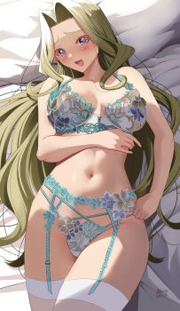 Rule 34 | 1girl, absurdres, adjusting clothes, adjusting panties, akihiro0920, aqua garter belt, aqua trim, blonde hair, blush, bra, breasts, commentary request, cowboy shot, dated, garter belt, garter straps, green eyes, heart, heart-shaped pupils, highres, kimi no koto ga dai dai dai dai daisuki na 100-nin no kanojo, lace, lace bra, lace garter belt, lace panties, large breasts, lingerie, long hair, looking at viewer, lying, navel, on back, open mouth, panties, signature, smile, solo, stomach, symbol-shaped pupils, thighhighs, underwear, underwear only, utsukushisugi mimimi, white thighhighs