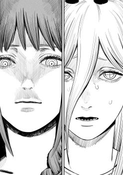 2girls chainsaw_man closed_mouth commentary cross-shaped_pupils demon_girl demon_horns english_commentary greyscale hair_between_eyes highres horns kiunchiku long_hair_between_eyes makima_(chainsaw_man) monochrome multiple_girls open_mouth power_(chainsaw_man) ringed_eyes split_screen sweat symbol-shaped_pupils