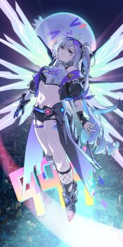 1girl absurdres black_boots black_shorts boots commentary crop_top drill_hair fishnet_socks fishnets goggles goggles_on_head grey_hair highres honey_boba honkai:_star_rail honkai_(series) jacket long_hair looking_at_viewer micro_shorts midriff navel shorts silver_wolf_(honkai:_star_rail) silver_wolf_(lv.999)_(honkai:_star_rail) smile socks solo two-sided_fabric two-sided_jacket very_long_hair wings