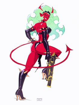 1girl ass breasts colored_skin commentary_request demon_girl demon_horns green_eyes green_hair gun highres holding holding_gun holding_weapon horns large_breasts long_hair looking_at_viewer panty_&amp;_stocking_with_garterbelt pepedraws red_skin scanty_(psg) solo weapon