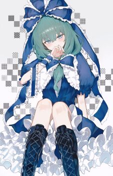 1girl absurdres alt_text alternate_color aqua_eyes aqua_hair black_boots blue_bow blue_dress blue_ribbon boots bow commentary_request covering_own_mouth dress frilled_dress frills highres kagiyama_hina kaminose_(user_veum4325) knee_boots lace-up_boots looking_at_viewer puffy_short_sleeves puffy_sleeves ribbon short_sleeves sitting solo touhou