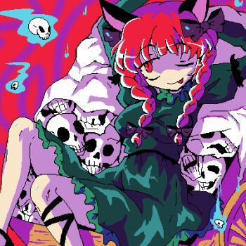 1girl ;p arms_behind_back black_bow black_ribbon bow braid closed_mouth green_shirt green_skirt hair_bow hitodama juliet_sleeves kaenbyou_rin kinoglossia leg_ribbon long_hair long_sleeves lowres one_eye_closed puffy_sleeves red_background red_eyes red_hair ribbon shirt side_braids skirt skull smile solo tongue tongue_out touhou twin_braids