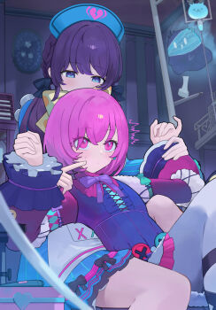 2girls ^^^ asahina_mafuyu black_bow blue_dress blush bob_cut bow braid center_frills cheek_poking closed_mouth commentary_request cross-laced_clothes crossed_bangs dress frills front-to-back ghost hair_between_eyes hair_bow hair_over_shoulder hat high-ended_braid highres holding_another&#039;s_wrist indoors intravenous_drip long_hair long_sleeves looking_up low_twintails multiple_girls nurse nurse_cap official_alternate_costume official_alternate_hairstyle ootori_emu pantyhose pink_eyes pink_hair poking polka_dot polka_dot_bow project_sekai puffy_long_sleeves puffy_sleeves purple_eyes purple_hair purple_shirt shirt short_dress short_hair sidelocks sitting sitting_between_lap striped_clothes striped_dress surprised twin_braids twintails usagi_melon3 vertical-striped_clothes vertical-striped_dress white_pantyhose wonderhorror~!?_na_kimodameshi!_(project_sekai) yellow_bow