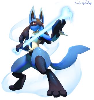 :< absurdres bone closed_mouth commentary frown full_body gen_4_pokemon highres holding holding_bone legs_apart likey lucario nintendo pokemon pokemon_(creature) pokemon_focus red_eyes signature solo standing white_background