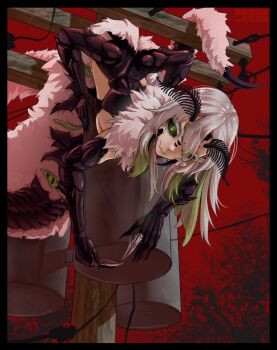 1girl absurdres arthropod_girl arthropod_limbs black_sclera blame_4407 colored_eyelashes colored_inner_hair colored_sclera extra_arms fangs green_eyes green_hair grey_hair highres indie_virtual_youtuber insect_girl juniper_actias moth_girl multicolored_hair skin_fangs solo utility_pole virtual_youtuber