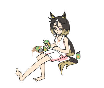 1girl absurdres animal_ears bags_under_eyes barefoot beer_can black_hair brown_hair can carrot_print closed_mouth commentary drink_can drunk english_commentary expressionless flat_chest food_print full_body highres horse_ears horse_girl horse_tail long_hair multicolored_hair purple_eyes shorts simple_background sitting solo stained_clothes starlinkman stay_gold_(umamusume) tail tank_top two-tone_hair umamusume white_background white_shorts white_tank_top