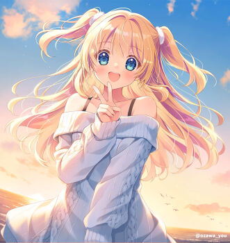 1girl :d aran_sweater bare_shoulders blonde_hair blue_eyes blue_sky blush bra_strap cable_knit character_request cloud commentary_request copyright_request evening gradient_sky hair_ornament hair_scrunchie hand_up long_hair looking_at_viewer off-shoulder_sweater off_shoulder open_mouth outdoors ozawa_yuu scrunchie sky smile solo sweater two_side_up upper_body v white_scrunchie white_sweater