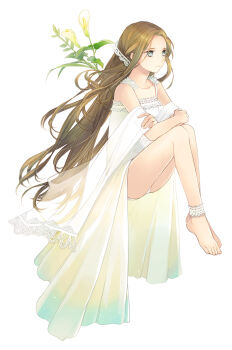 1girl ankle_garter bad_id bad_pixiv_id bare_shoulders barefoot brown_hair dress feet female_focus flower frills gathers grey_eyes highres lace long_hair original panties simple_background solo tuuuh underwear white_panties