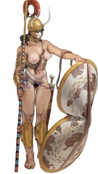 1girl absurdres armpit_hair barefoot black_hair breasts bronze_armor dagger facepaint fake_horns female_pubic_hair helmet highres horned_helmet horns knife large_breasts navel nude original polearm pubic_hair scar shield simple_background spear tall_female wass_nonnam weapon white_background