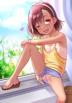 1girl ;d arm_on_knee arm_rest asymmetrical_bangs asymmetrical_hair bare_arms bare_legs bare_shoulders blue_shorts blush bow_hairband brown_hair camisole censored cleft_of_venus clothes_pull clothing_aside cloud cloudy_sky curtains day fang female_focus flat_chest hair_ornament hairband hairclip heart highres knee_up legs loli looking_at_viewer looking_away looking_to_the_side medium_hair mosaic_censoring naughty_face nipple_slip nipples no_bra no_panties no_socks nora_neko_(fjya7473) one_eye_closed open_mouth original plant polka_dot polka_dot_hairband presenting pulling_own_clothes pussy red_eyes ribs sandals short_shorts shorts shorts_aside shorts_pull sitting sky smile solo spread_legs sunlight tan tanline upshorts window wristband yellow_camisole