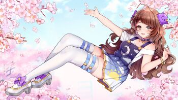 1girl blob brown_eyes brown_hair centi_(nimu) cherry_blossoms choker dress gradient_clothes gradient_dress hair_ornament highres indie_virtual_youtuber long_hair md5_mismatch nimu_(vtuber) nimu_(vtuber)_(3rd_costume) off_shoulder petals resolution_mismatch smile solo source_smaller star_(symbol) starry_sky_print thighhighs virtual_youtuber white_thighhighs