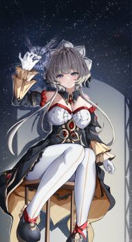 1girl absurdres bare_shoulders black_dress black_shoes blue_eyes breasts brown_hair chair cleavage detached_sleeves dress floating_hair genshin_impact gloves highres holding large_breasts long_sleeves looking_at_object on_chair pantyhose parted_lips sandrone_(genshin_impact) shoes sitting solo star_(sky) starry_sky_background white_gloves white_pantyhose yeni1871