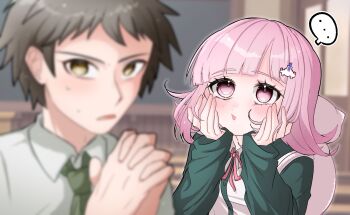 ... 1boy 1girl :o black_jacket blush brown_eyes brown_hair collared_shirt danganronpa_(series) danganronpa_2:_goodbye_despair dn_rn_mtr green_necktie grey_shirt hair_ornament highres hinata_hajime jacket long_sleeves medium_hair nanami_chiaki necktie open_clothes open_jacket pink_eyes pink_hair shirt short_hair speech_bubble sweat
