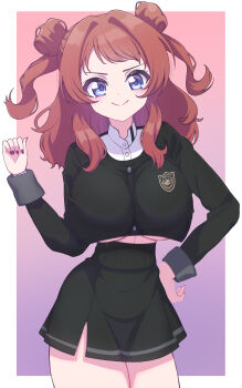 1girl absurdres alternate_breast_size_(larger) black_jacket black_skirt blue_eyes border breasts brown_hair commentary covered_navel cowboy_shot cropped_jacket doyagao fingernails gakuen_idolmaster gokugetsu_gakuen_school_uniform gradient_background hair_rings hanami_saki high-waist_skirt highres idolmaster jacket large_breasts long_hair long_sleeves looking_at_viewer miniskirt nail_polish outside_border panatisia school_uniform side_slit simple_background skirt smile smug solo thighs two_side_up underboob white_border
