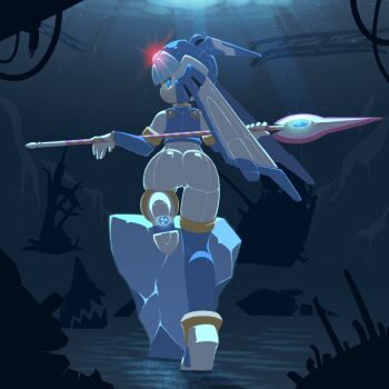 1girl android armor ass blue_eyes female_focus helmet javelin fairy_leviathan_(mega_man) looking_at_viewer mega_man_(series) mega_man_x_(series) mega_man_x_dive mega_man_zero_(series) panties pussy reploid robot_girl suragugu tagme underwear