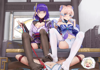 3girls :| absurdres bdsm black_legwear black_panties blue_eyes blunt_bangs blush bondage bound bound_legs braid breasts bridal_gauntlets cameltoe chinese_commentary cleavage closed_mouth cooperative_footjob detached_collar drooling expressionless feet female_footjob female_pov femdom fff_threesome flower footjob footjob_with_legwear genshin_impact gradient_hair group_sex hair_flower hair_ornament highres holding holding_leash japanese_clothes lace large_breasts leash long_hair long_sleeves low-braided_long_hair low-tied_long_hair lumine_(genshin_impact) masochism mitsudomoe_(shape) multicolored_hair multiple_girls navel no_shoes obi obiage obijime open_mouth panties pantyhose pink_hair pov purple_eyes purple_hair raiden_shogun rope sadism sangonomiya_kokomi sash shaded_face sidelocks sitting soles teamwork_(sexual) thighhighs threesome toes tokayou tomoe_(symbol) underwear viewer_on_leash white_legwear white_panties yuri