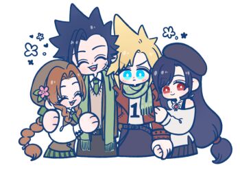 105zz 2boys 2girls aerith_gainsborough alternate_costume bare_shoulders belt belt_buckle black_hair black_hat black_pants black_skirt blonde_hair blue_eyes blush braid braided_ponytail brown_hair brown_hat brown_jacket brown_vest buckle casual closed_eyes closed_mouth cloud_strife collared_shirt commentary_request cowboy_shot cropped_legs cross_scar earrings facial_scar final_fantasy final_fantasy_vii flower green_eyes green_necktie green_scarf hand_on_another&#039;s_shoulder hat hat_flower heart heart_necklace holding_hands jacket jewelry long_hair long_sleeves low-tied_long_hair multiple_boys multiple_girls necklace necktie off-shoulder_shirt off_shoulder open_clothes open_jacket open_mouth pants parted_bangs red_eyes scar scar_on_cheek scar_on_face scarf shirt short_hair simple_background skirt smile spiked_hair sweater_vest tifa_lockhart vest white_background white_shirt zack_fair
