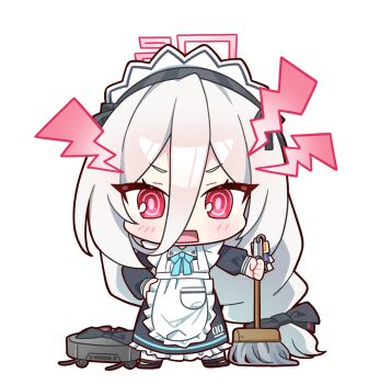 Rule 34 | 1girl, alternate costume, alternate hairstyle, apron, apron pocket, aqua ribbon, black bow, black dress, black shoes, blue archive, blush, borrowed clothes, bow, braid, bright pupils, chibi, chibi only, collared dress, commentary, contrast collar, double-parted bangs, dress, enmaided, frilled apron, frilled dress, frills, full body, hair between eyes, hair bow, halo, hand on own hip, highres, holding, holding mop, kei (blue archive), kei (new body) (blue archive), kei (robot) (blue archive), long bangs, long hair, long hair between eyes, long sleeves, looking at viewer, low-braided long hair, low-tied long hair, maid, maid apron, maid headdress, mop, neck ribbon, number print, open mouth, pantyhose, pink eyes, pink halo, pocket, puffy long sleeves, puffy sleeves, rectangular halo, rectangular mouth, ribbon, ringed eyes, robotic vacuum cleaner, shoes, shout lines, sidelocks, simple background, solo, standing, straight-on, sucong, v-shaped eyebrows, very long hair, white apron, white background, white hair, white pantyhose