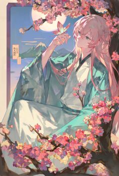 1boy absurdres ahoge bishounen branch bug butterfly butterfly_on_hand cherry_blossoms chinese_clothes closed_mouth commission crossed_bangs expressionless flower full_moon green_eyes hair_between_eyes hand_up hanfu haori highres in_tree insect japanese_clothes kimono long_sleeves looking_at_animal male_focus moon mountain original pink_flower pink_hair sitting sitting_in_tree tree white_kimono wide_sleeves xi_xishao