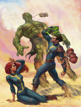 1boy 1girl armor belt blue_bodysuit bodysuit boots brown_boots brown_hair colored_skin desert fallout fire_hydrant green_skin highres jewelry long_hair necklace nikita_volobuev on_floor pauldrons polearm power_fist punching red_hair sand short_hair shoulder_armor single_pauldron skull skull_necklace super_mutant torn_clothes vault_suit veins veiny_arms weapon