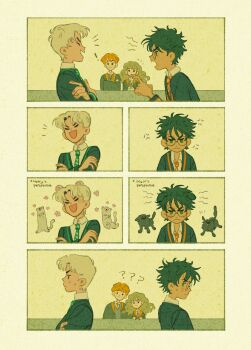 ! 1girl 3boys ? ?? anger_vein angry animal_ears black_hair black_robe blonde_hair border brown_hair collared_shirt crossed_arms dog dog_boy dog_ears draco_malfoy ferret ferret_boy ferret_ears furrowed_brow glasses green_eyes harry_potter harry_potter_(series) helen_jee hermione_granger highres kemonomimi_mode laughing light_blush long_hair messy_hair multiple_boys necktie open_mouth parted_bangs pointing red_hair robe ron_weasley round_eyewear scar scar_on_face scar_on_forehead school_uniform shirt short_hair smile striped_necktie sweatdrop upper_body white_border white_shirt wizarding_world yellow_background