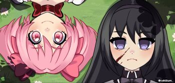 2girls akemi_homura akemi_homura_(magical_girl) black_hair blood blood_on_face bow choker empty_eyes hair_bow hairband highres kaname_madoka kaname_madoka_(magical_girl) lilum long_hair magical_girl mahou_shoujo_madoka_magica multiple_girls on_ground pink_eyes pink_hair puffy_sleeves purple_eyes ribbon ribbon_choker rotational_symmetry short_hair short_twintails smile twintails