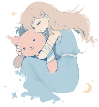 1girl bandaged_arm bandages bare_shoulders belt blue_dress brown_hair closed_eyes closed_mouth crescent cropped_legs dress fetal_position fingernails from_above from_side highres holding holding_stuffed_toy hugging_object knees_up long_dress long_hair original profile simple_background sippudayo sleeveless sleeveless_dress smile solo star_(symbol) stuffed_animal stuffed_toy tearing_up u_u white_background white_belt