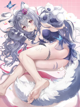 1girl absurdres ahoge animal_ear_fluff animal_ears animal_hands ass bare_legs barefoot breasts brown_dust brown_dust_(series) brown_dust_2 bug butterfly cat_ears cat_girl cream_on_body crossed_bangs dress flower full_body gloves hair_between_eyes hair_flower hair_ornament highres insect legs long_hair looking_at_viewer lying on_side open_mouth paw_gloves purple_hair red_eyes rou_(brown_dust) small_breasts soles solo tail tiara toes user_shfm3448 very_long_hair