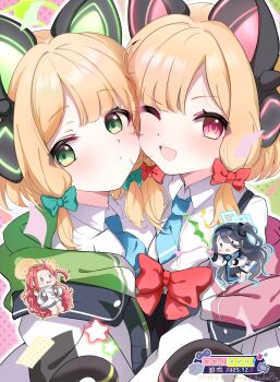 Rule 34 | 4girls, ;d, absurdres, animal ear headphones, animal ears, aqua halo, aris (blue archive), artist name, black skirt, black tail, blonde hair, blue archive, blue eyes, blue necktie, blush, bow, cat ear headphones, cat ears, cat tail, character name, cheek-to-cheek, chibi, chibi inset, closed mouth, collared shirt, commentary request, dated, fake animal ears, fake tail, flying sweatdrops, green background, green bow, green eyes, green halo, green jacket, grey eyes, grey hair, guda da, hair bow, halo, happy birthday, headphones, heads together, highres, holding, holding party popper, hood, hood down, hooded jacket, jacket, long hair, long sleeves, looking at viewer, low-tied sidelocks, midori (blue archive), momoi (blue archive), multicolored jacket, multiple girls, necktie, off shoulder, one eye closed, one side up, open clothes, open jacket, open mouth, outline, parted bangs, party popper, pink background, pink eyes, pink halo, pink jacket, red bow, red hair, school uniform, shirt, short hair, short necktie, siblings, sidelocks, sisters, skirt, smile, star (symbol), suspender skirt, suspenders, tail, teeth, twins, two-tone background, upper body, upper teeth only, very long hair, white jacket, white outline, white shirt, yellow halo, yuzu (blue archive)